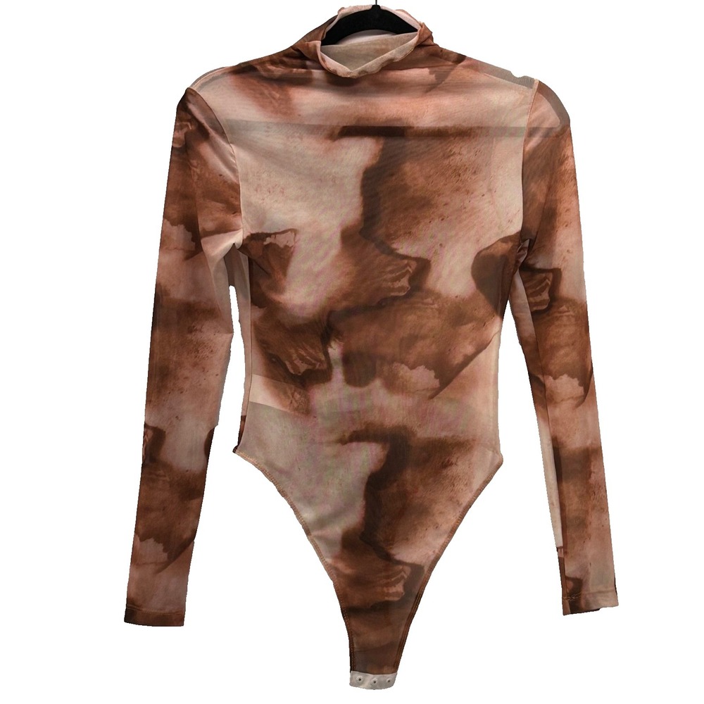 Sheer Body Suit Small Abstract Print Brown Travel‎ Vacation Layering Maximalist